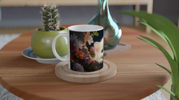 Gece Bahçesinde Parlayan Gözlü Beyaz Kedi Baskılı Kupa Bardak - Resim 4