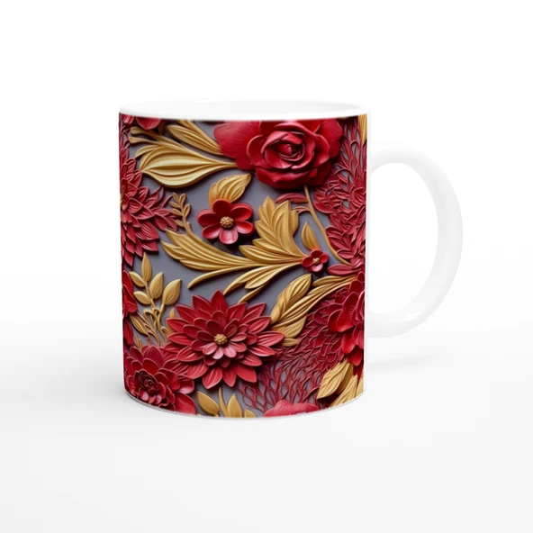 Altın Yapraklı Kırmızı Rölyef Çiçek Desenli Kupa Bardak - 3