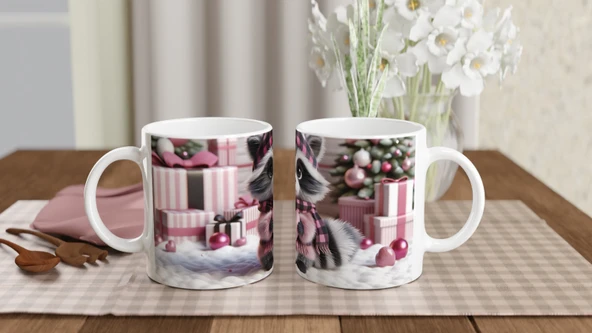 Hediye Paketleri Arasında Kalpli Rakun Temalı Baskılı Kupa Bardak - 5