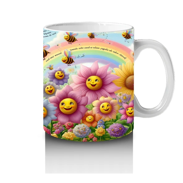 Çocuklara Sütü Sevdiren Gökkuşağı Altında Gülümseyen Çiçekler ve Uçuşan Arılar Desenli Kupa Bardak - Resim 4