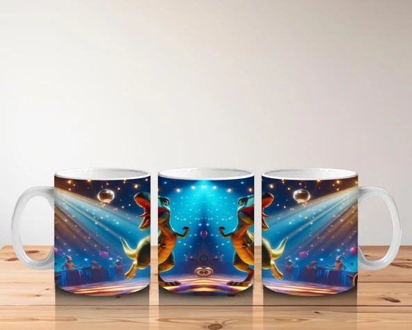 Çocuklara Sütü Sevdiren Disko Topu Altında Dans Eden Dinozor Desenli Kupa Bardak - 5