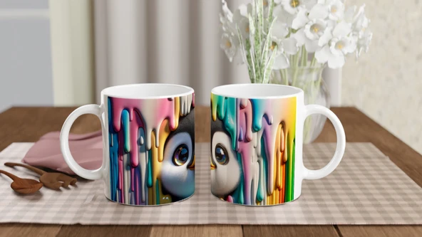 Renkli Boyalar Arasından Bakan Penguen Temalı Baskılı Kupa Bardak - Resim 5