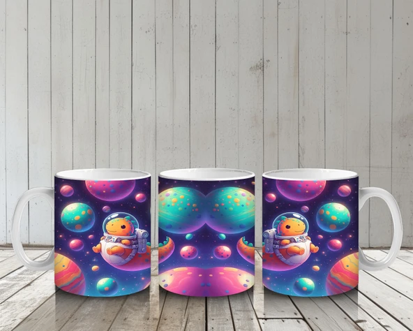 Çocuklara Sütü Sevdiren Astronot Dinozor ve Renkli Gezegenler Desenli Kupa Bardak - Resim 6