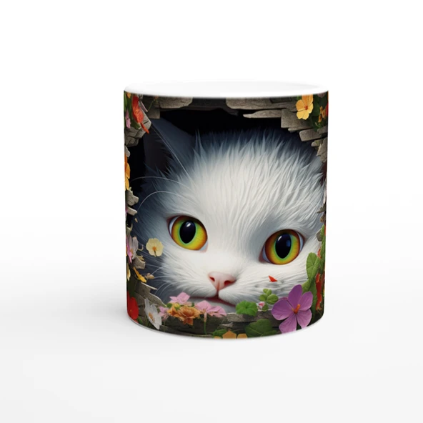 Renkli Çiçeklerle Çevrili Meraklı Kedi Baskılı Kupa Bardak ürün görseli 1