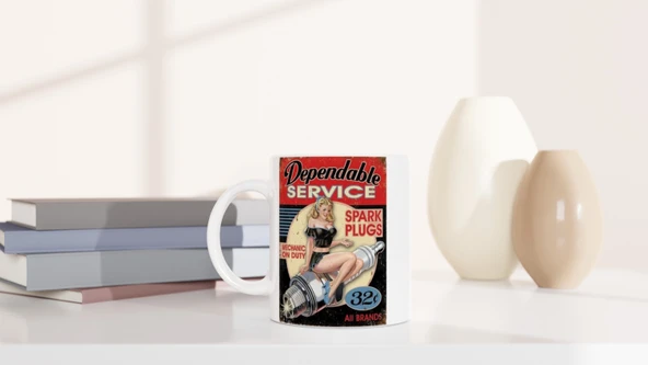 Pin-Up Bujili Retro Garaj Temalı Kupa Bardak - Resim 6