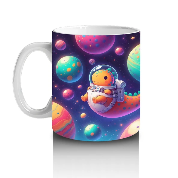 Çocuklara Sütü Sevdiren Astronot Dinozor ve Renkli Gezegenler Desenli Kupa Bardak - Resim 2