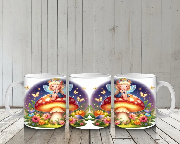Çocuklara Sütü Sevdiren Mantar Üstünde Oturan Peri Kız Desenli Kupa Bardak - 6