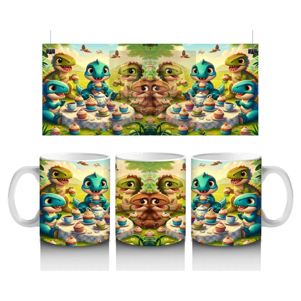 Çocuklara Sütü Sevdiren Cupcake Partisi Yapan Sevimli Dinozorlar Desenli Kupa Bardak