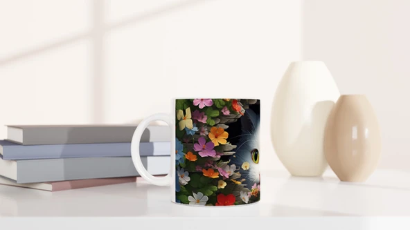 Renkli Çiçeklerle Çevrili Meraklı Kedi Baskılı Kupa Bardak - Resim 6