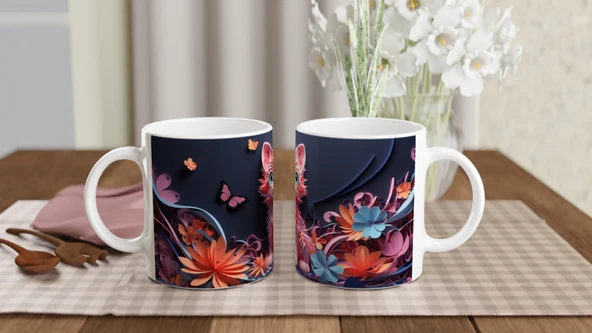 Renkli Çiçekler Arasında Neşeli Kedi ve Kelebekler Baskılı Kupa Bardak - Resim 5