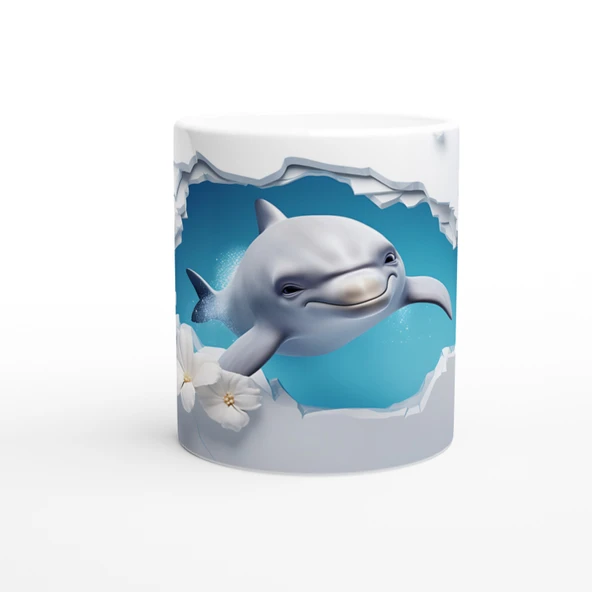 Neşeli Yunus ve Beyaz Çiçekler Su Altı Temalı Kupa Bardak ürün görseli 1