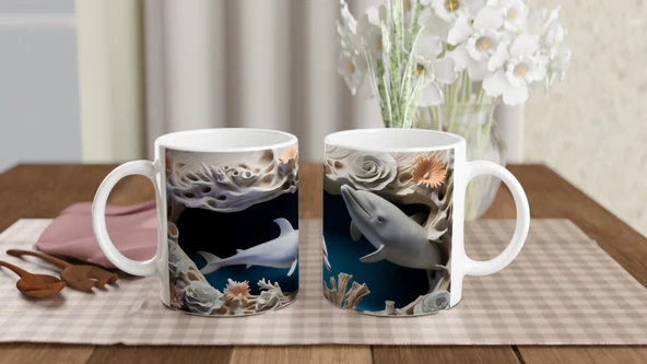 Mercan Kayalıklarında Dans Eden Yunuslar Temalı Kupa Bardak - Resim 5