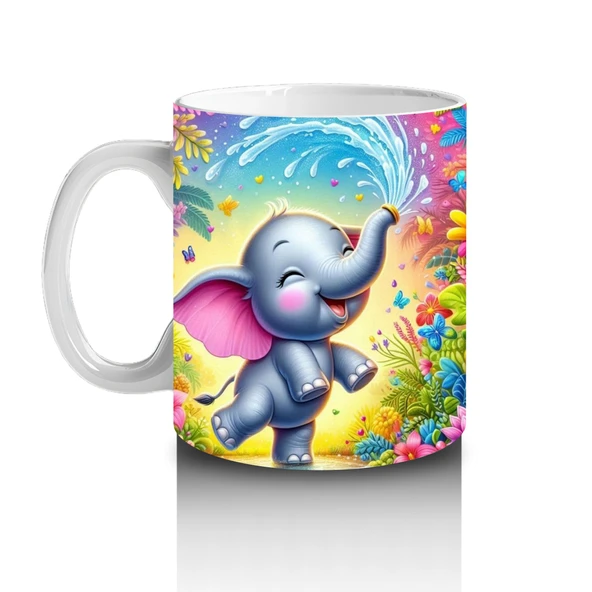 Çocuklara Sütü Sevdiren Çiçekler Arasında Su Sıçratan Neşeli Fil Desenli Kupa Bardak - 2