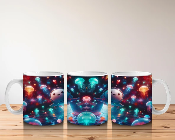 Çocuklara Sütü Sevdiren Işık Saçan Denizaltı Roketleri ve Denizanası Dünyası Desenli Kupa Bardak - 5