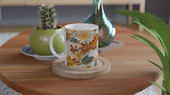 Pastel Bahar Çiçekleri Rölyef Desenli Kupa Bardak - 4