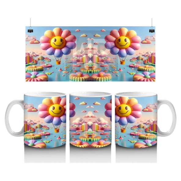 Çocuklara Sütü Sevdiren Gülümseyen Çiçek Balonlar ve Renkli Bulutlar Desenli Kupa Bardak