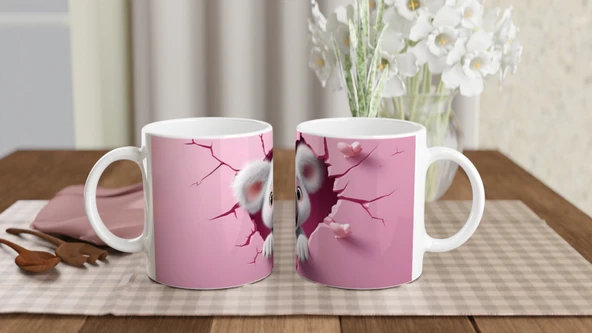 Pembe Duvarı Yırtarak Bakan Sevimli Koala Temalı Baskılı Kupa Bardak - Resim 5