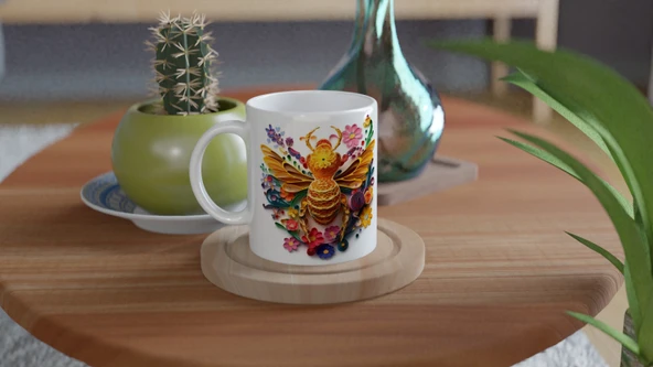 Renkli Kağıt Arı ve Çiçek Bahçesi Kupa Bardak - Resim 4