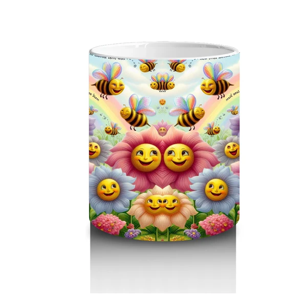 Çocuklara Sütü Sevdiren Gökkuşağı Altında Gülümseyen Çiçekler ve Uçuşan Arılar Desenli Kupa Bardak - Resim 3