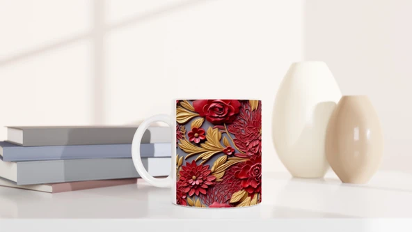 Altın Yapraklı Kırmızı Rölyef Çiçek Desenli Kupa Bardak - 6