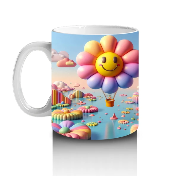 Çocuklara Sütü Sevdiren Gülümseyen Çiçek Balonlar ve Renkli Bulutlar Desenli Kupa Bardak - 2