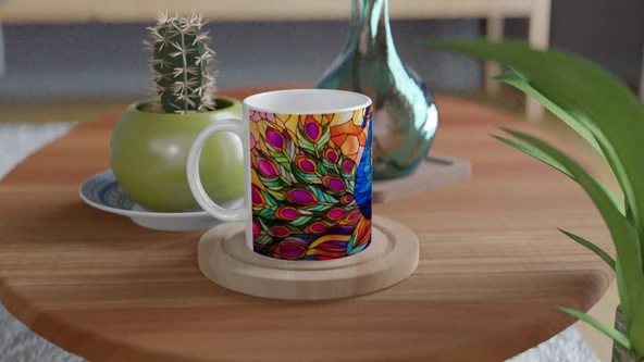 Gökkuşağı Kanatlı Tavus Kuşu Vitray Desenli Baskılı Kupa Bardak - 2 - Resim 4