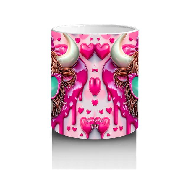 Çocuklara Sütü Sevdiren Kalpli Gözlüklü Pembe Fiyonklu İnek Desenli Kupa Bardak - 3