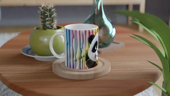 Renkli Damlaların Arasından Bakan Sevimli Panda Temalı Baskılı Kupa Bardak - Resim 4