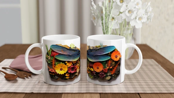 Renkli Çiçekler Arasında Yusufçuk Temalı Baskılı Kupa Bardak - 5