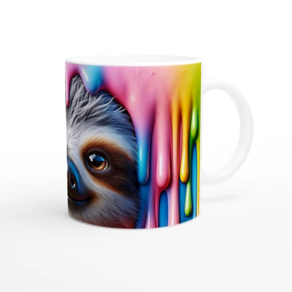 Renkli Damlalar Arasında Gülümseyen Tembel Hayvan Temalı Baskılı Kupa Bardak-2 - Resim 3