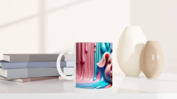 Renk Dalgasının İçinden Bakan Domuzcuk Temalı Baskılı Kupa Bardak - Resim 6