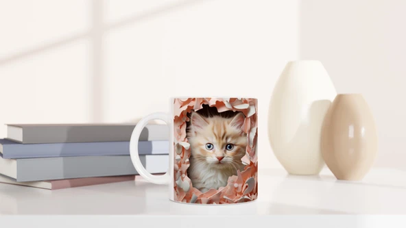 Duvarın Ardından Bakan Yavru Kedi Temalı Baskılı Kupa Bardak - Resim 6