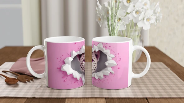 Pembe Gözlü Kar Leoparı Temalı Baskılı Kupa Bardak - Resim 5