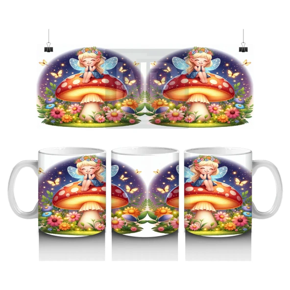 Çocuklara Sütü Sevdiren Mantar Üstünde Oturan Peri Kız Desenli Kupa Bardak