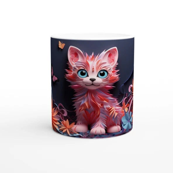 Renkli Çiçekler Arasında Neşeli Kedi ve Kelebekler Baskılı Kupa Bardak ürün görseli 1