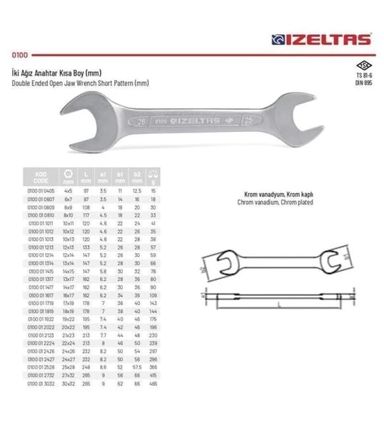 İzeltaş İki Ağız Anahtar Kısa Boy 6x7 mm - 3