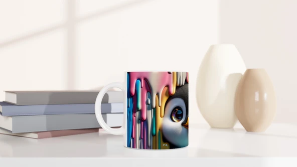 Renkli Boyalar Arasından Bakan Penguen Temalı Baskılı Kupa Bardak - Resim 6