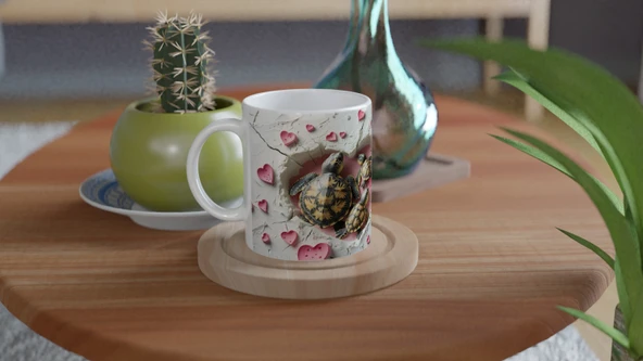 Pembe Kalpler Arasında Yürüyen Kaplumbağa Ailesi Temalı Baskılı Kupa Bardak - Resim 4