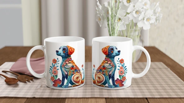 Renkli Çiçekli Zarif Köpek Tasarımlı Sanatsal Kupa Bardak - 5