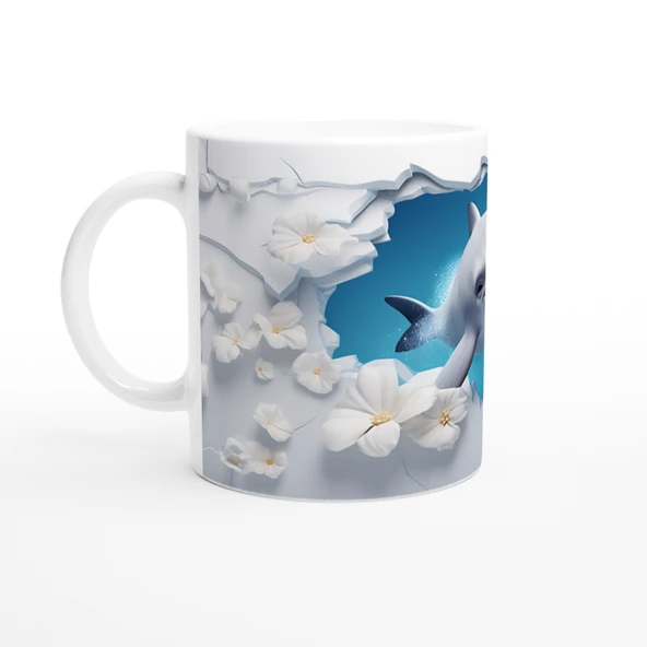 Neşeli Yunus ve Beyaz Çiçekler Su Altı Temalı Kupa Bardak - Resim 2