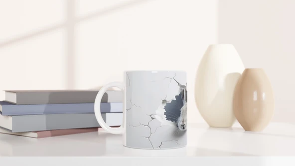 Duvarın Ardından Merakla Bakan Tavşan Temalı Baskılı Kupa Bardak - Resim 6