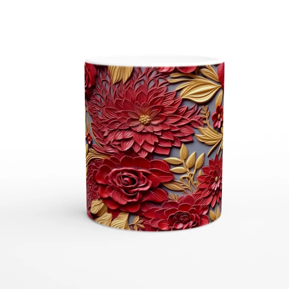 Altın Yapraklı Kırmızı Rölyef Çiçek Desenli Kupa Bardak - 2