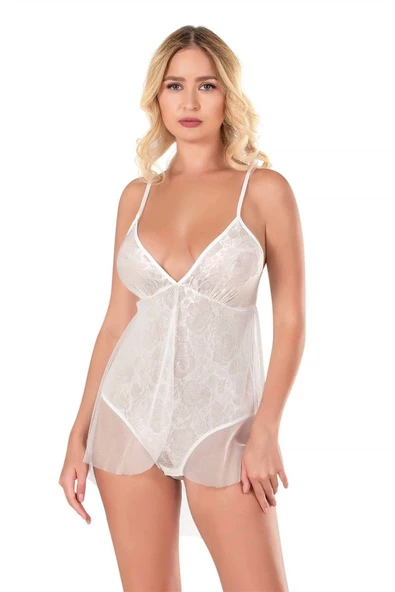 Litae Ekru Jakarlı Bodysuit Gecelik - 2