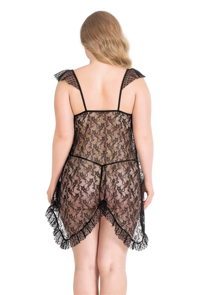 Litae Büyük Beden Siyah Kısa Tül Gecelik - Resim 2