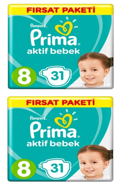 Prima Unisex Bebek Bezi Aktif Bebek 8 Beden 31 Adet Fırsat Paketi 31'li 2'Li Paket 62 Adet - 1
