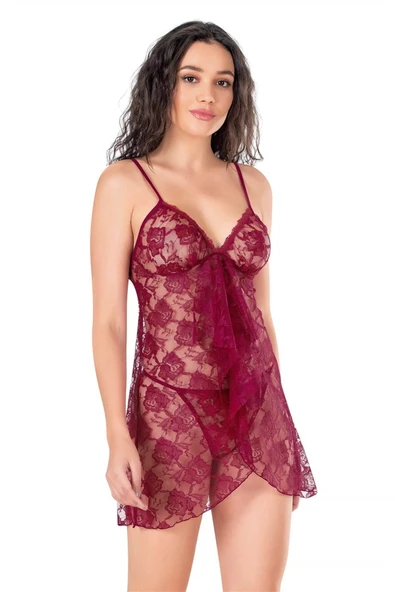 Litae Bordo Kısa Tül Gecelik - Resim 2