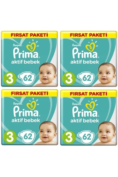 Prima Bebek Bezi Aktif Bebek 3 Beden 62 X 4 Lü 248 Adet Fırsat Paketi - 1