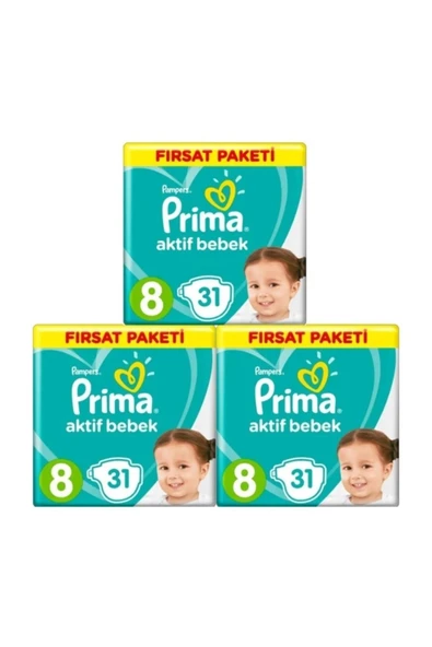 Prima Aktif Bebek 8 Beden 17 Kg 3×31=93 Adet Bebek Bezi - 1