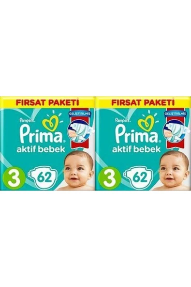 Prima Bebek Bezi Aktif Bebek 3 Beden 124 Adet  62x2 - 1