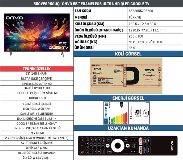 Onvo 55OVF9250UQ 4K Ultra HD 55" 140 Ekran Uydu Alıcılı Google Smart QLED TV - 3